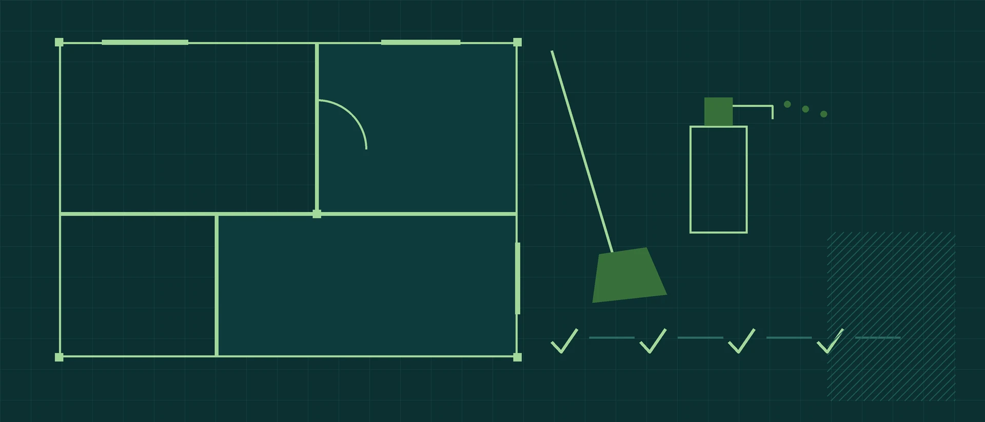 A drawn floor plan of a flat with a mop, a spray bottle and four ticks