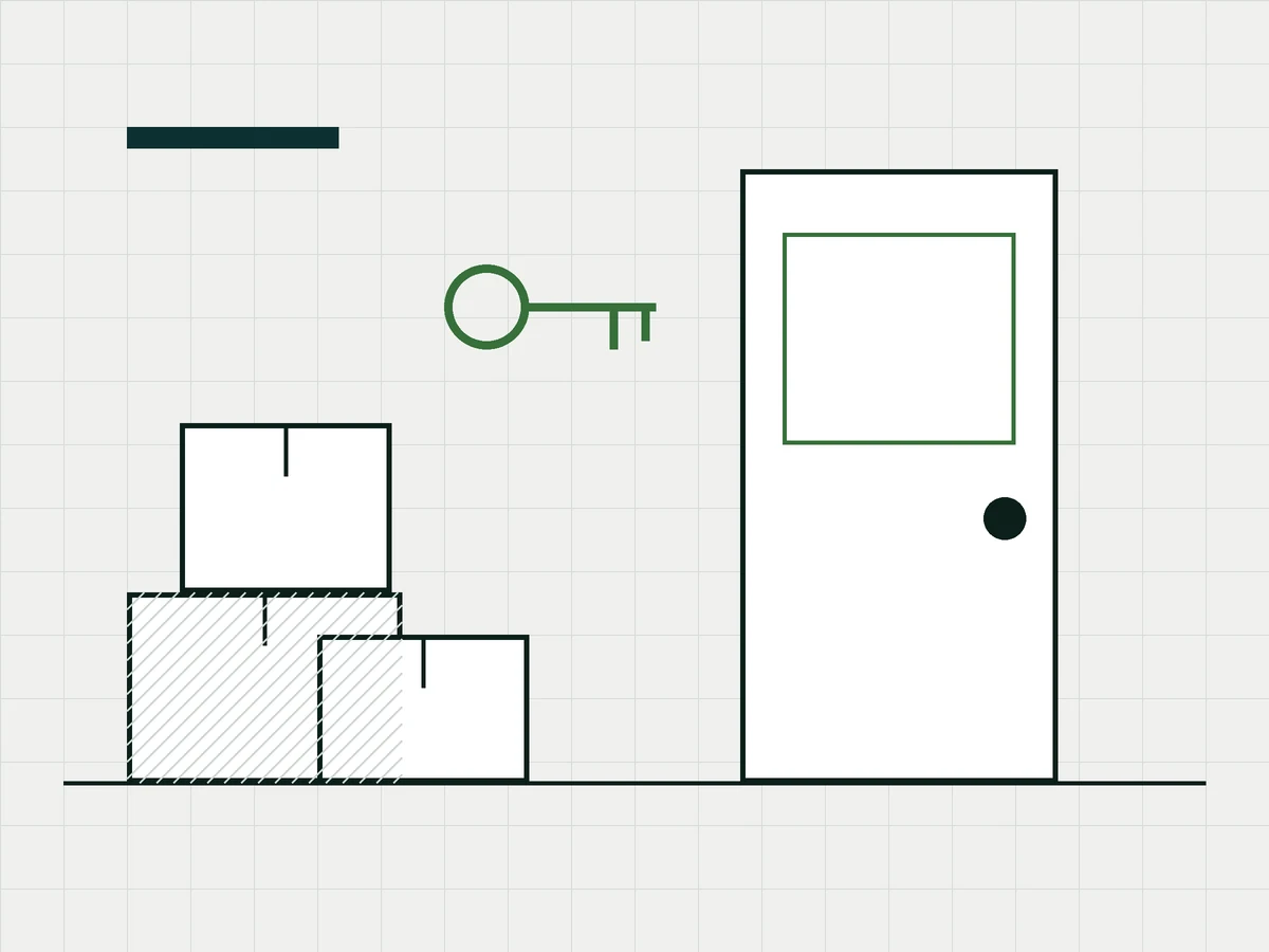 A drawing of a door, a key and stacked boxes