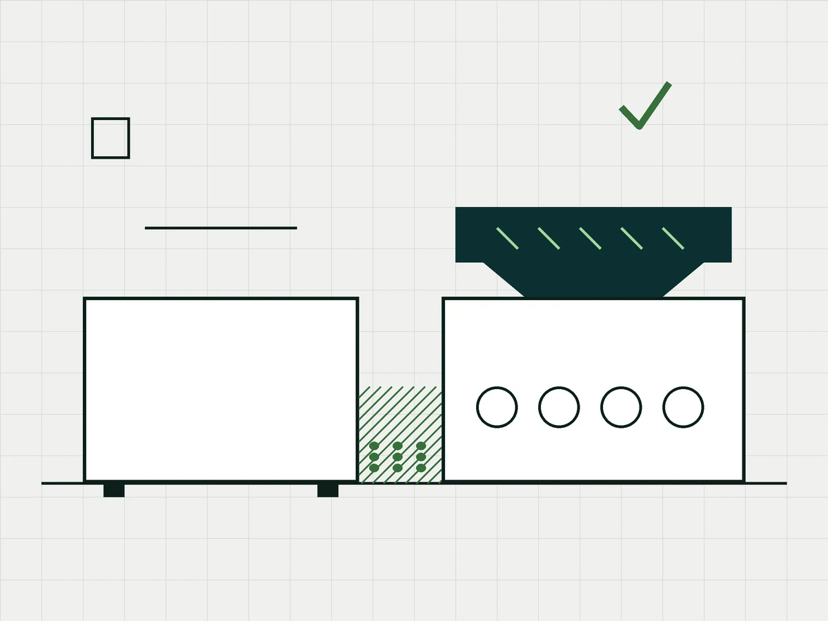 A drawing of a gap between a cabinet and a cooking range with dust in it, and a range hood above