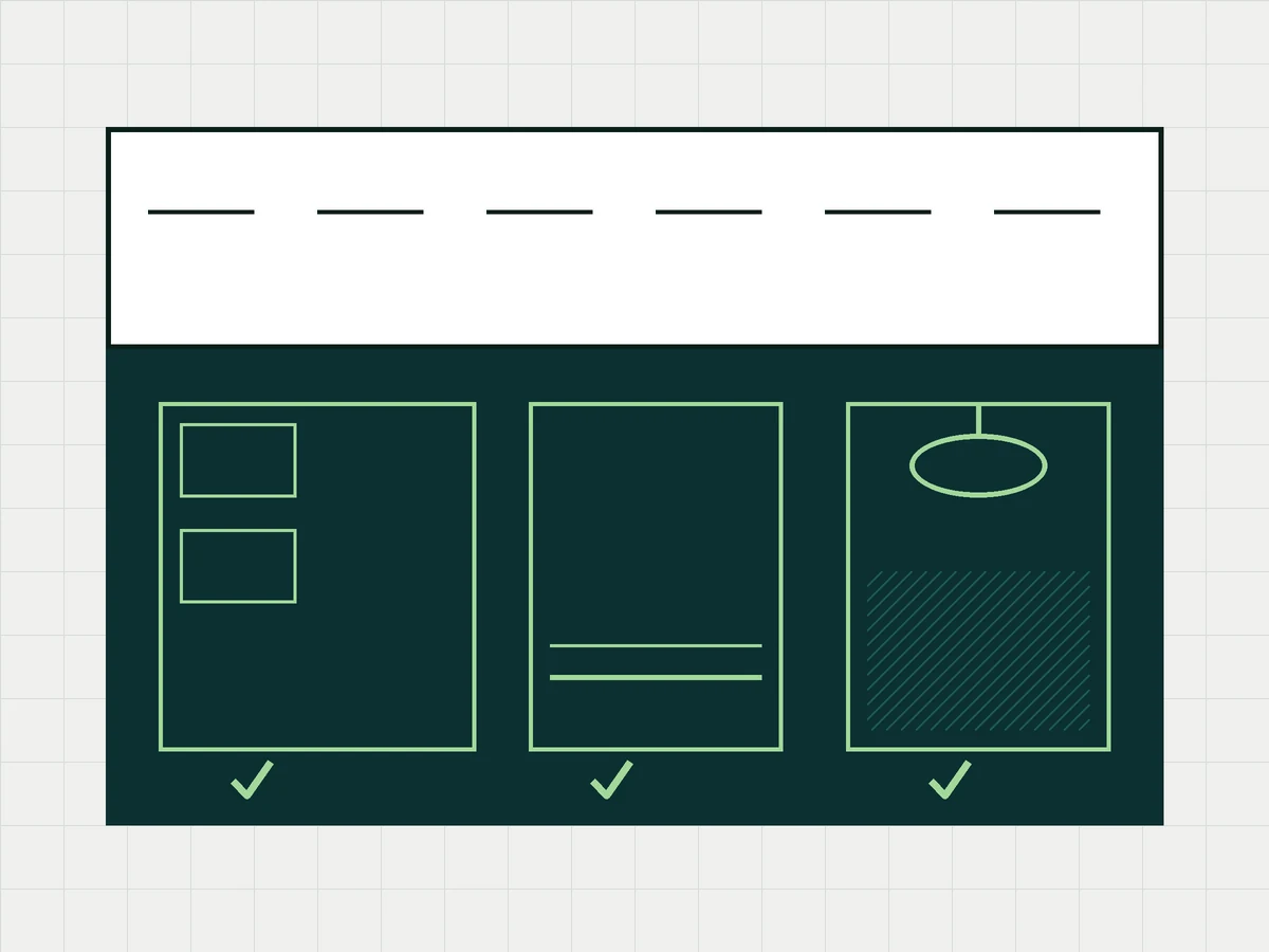 A drawing of a wiped surface above three hidden spots: a cabinet, a baseboard and a light fixture